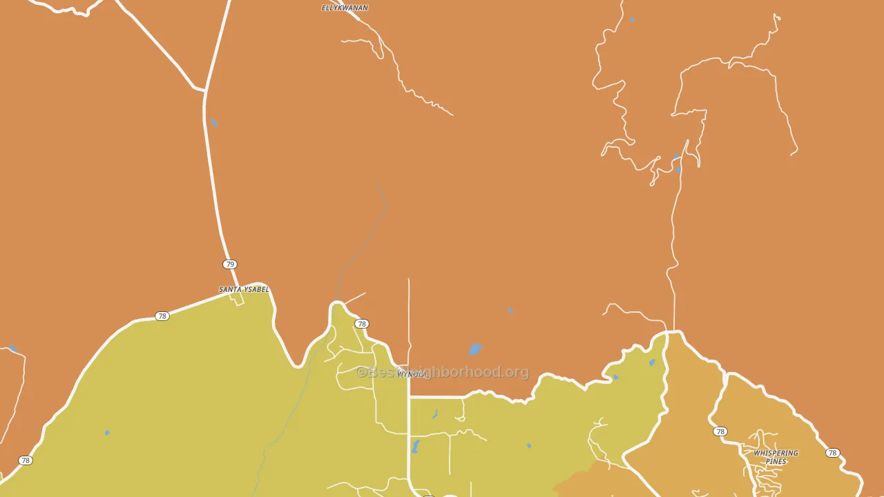 Map of the best neighborhoods in the Wynola area, with better matches in green and worse matches in red