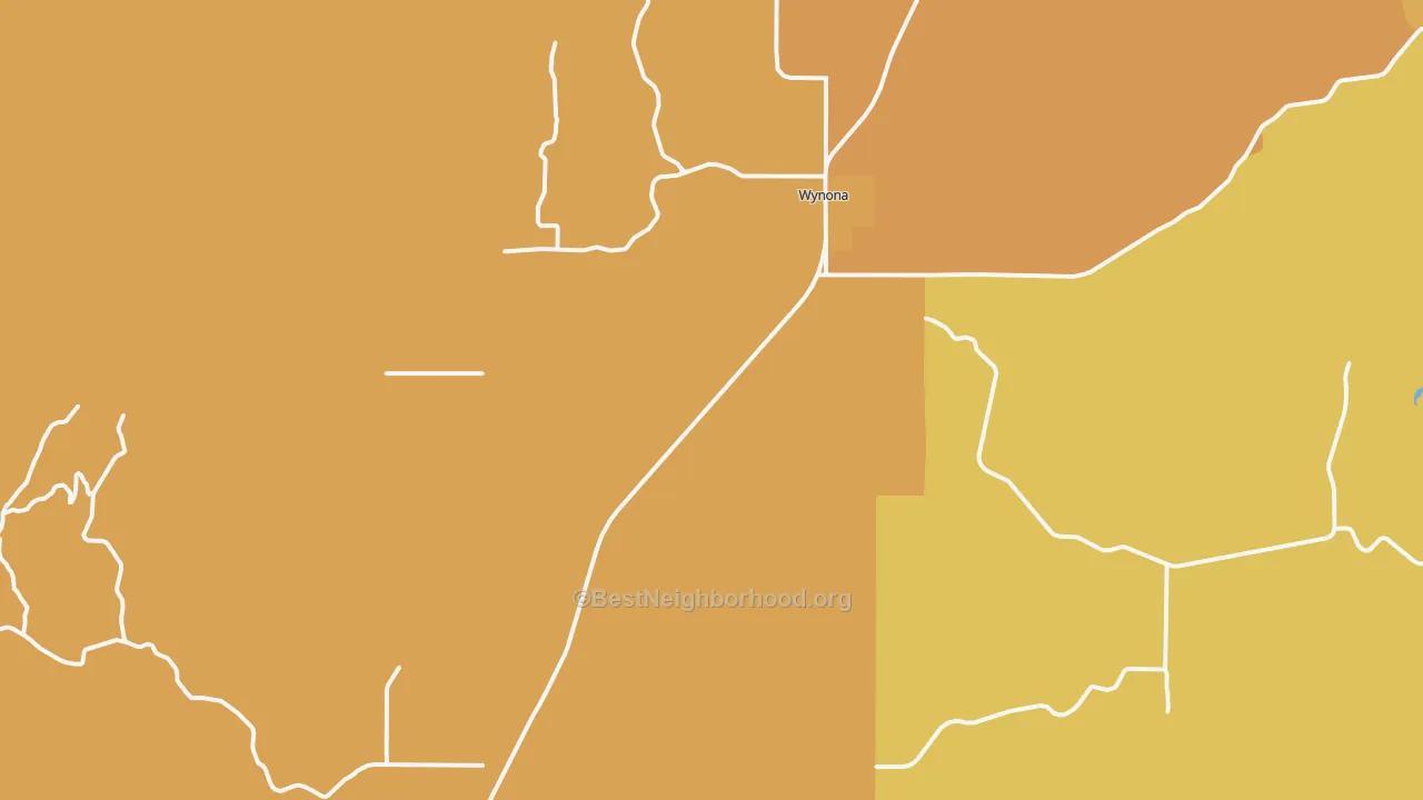 Map of the best neighborhoods in the Wynona area, with better matches in green and worse matches in red