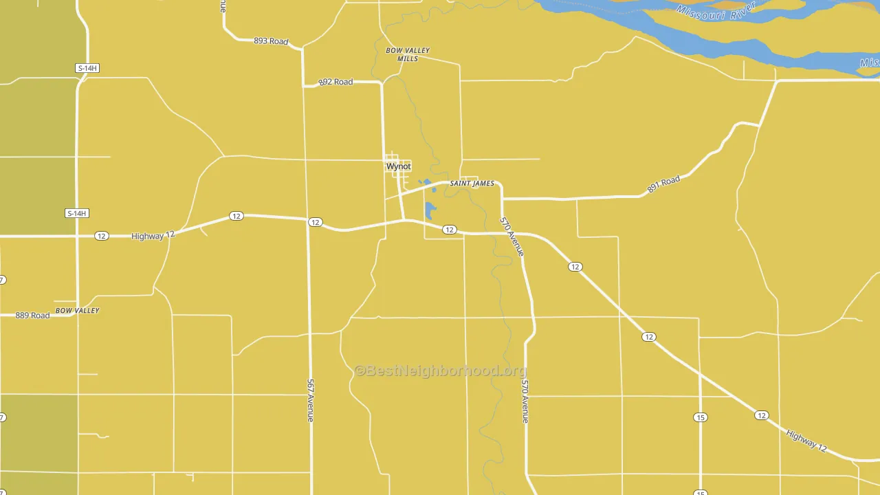 Map of the best neighborhoods in the Wynot area, with better matches in green and worse matches in red