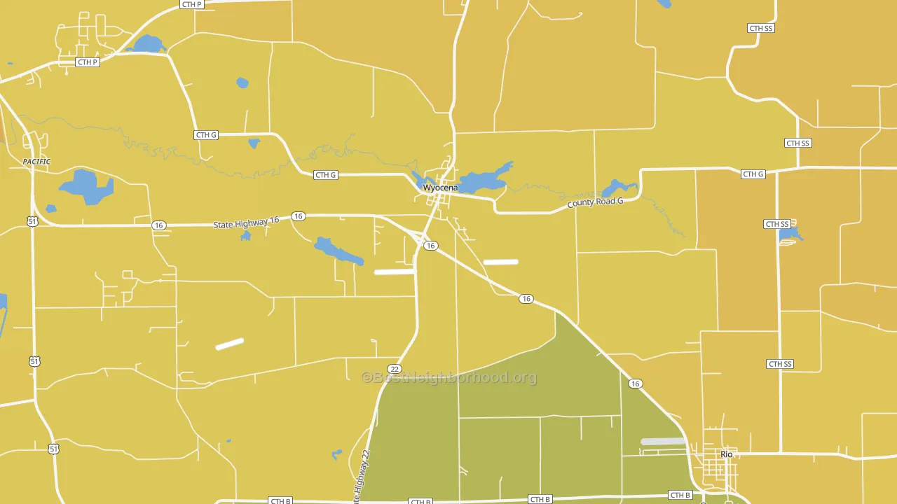 Map of the best neighborhoods in the Wyocena area, with better matches in green and worse matches in red