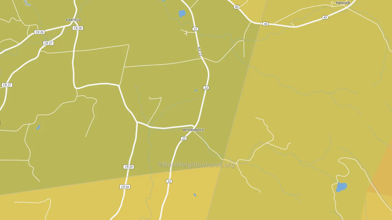 Map of the best neighborhoods in the Wyomanock area, with better matches in green and worse matches in red