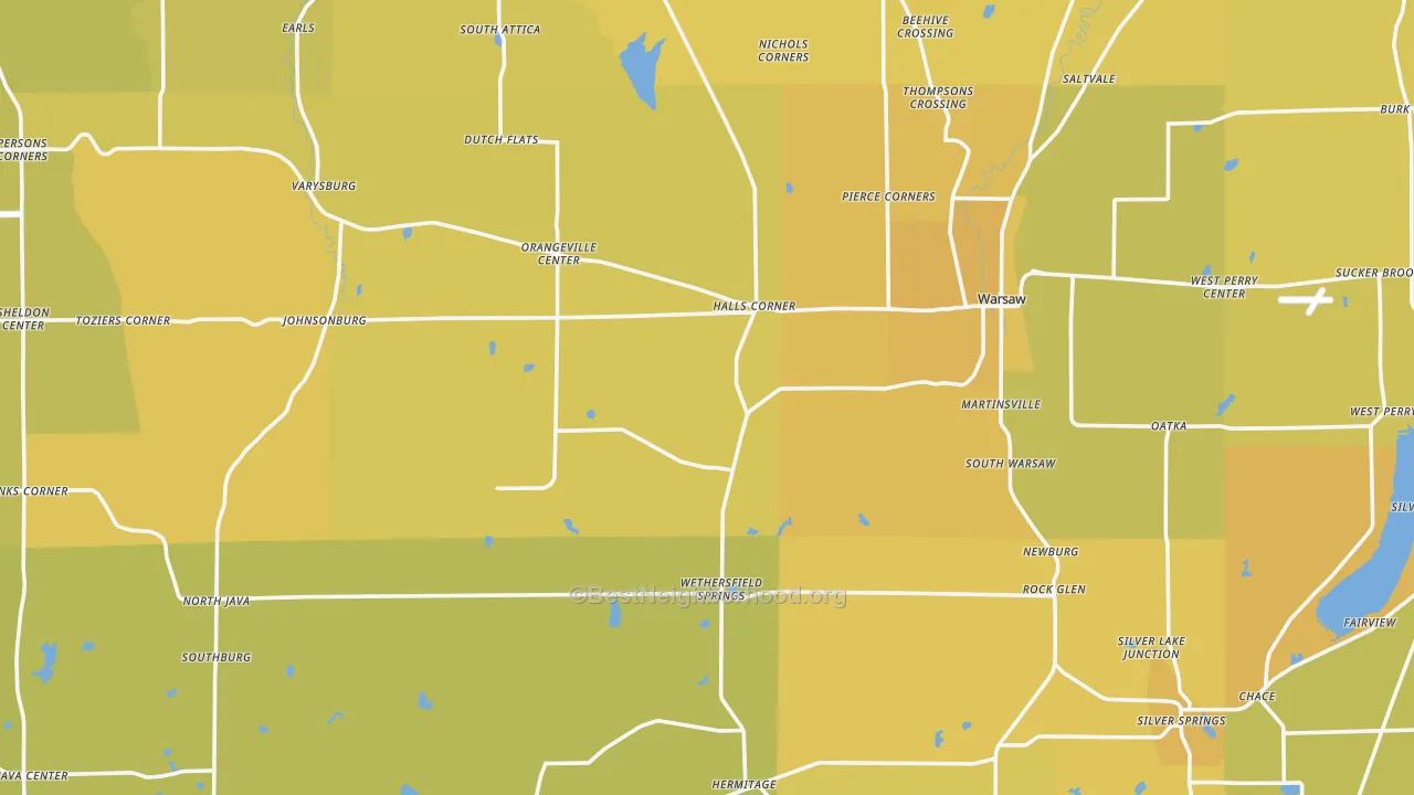 Map of the best neighborhoods in the Wyoming County area, with better matches in green and worse matches in red