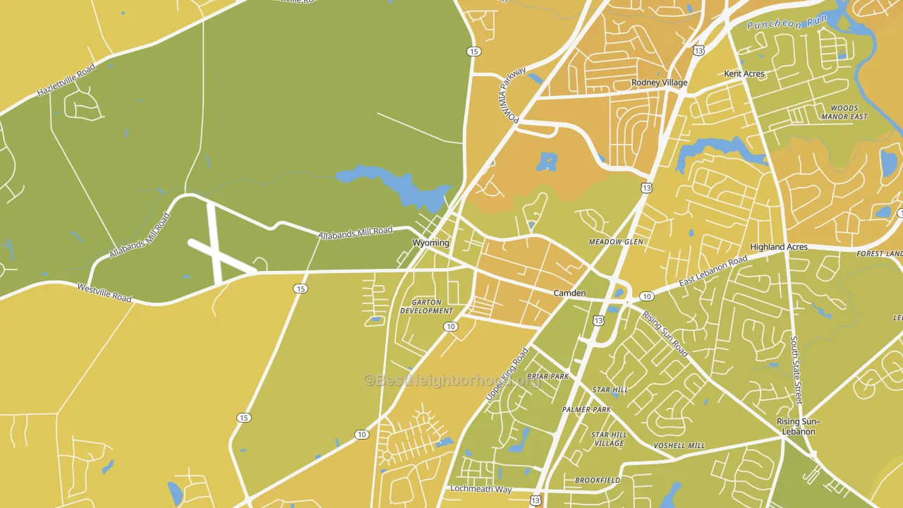 Map of the best neighborhoods in the Wyoming area, with better matches in green and worse matches in red
