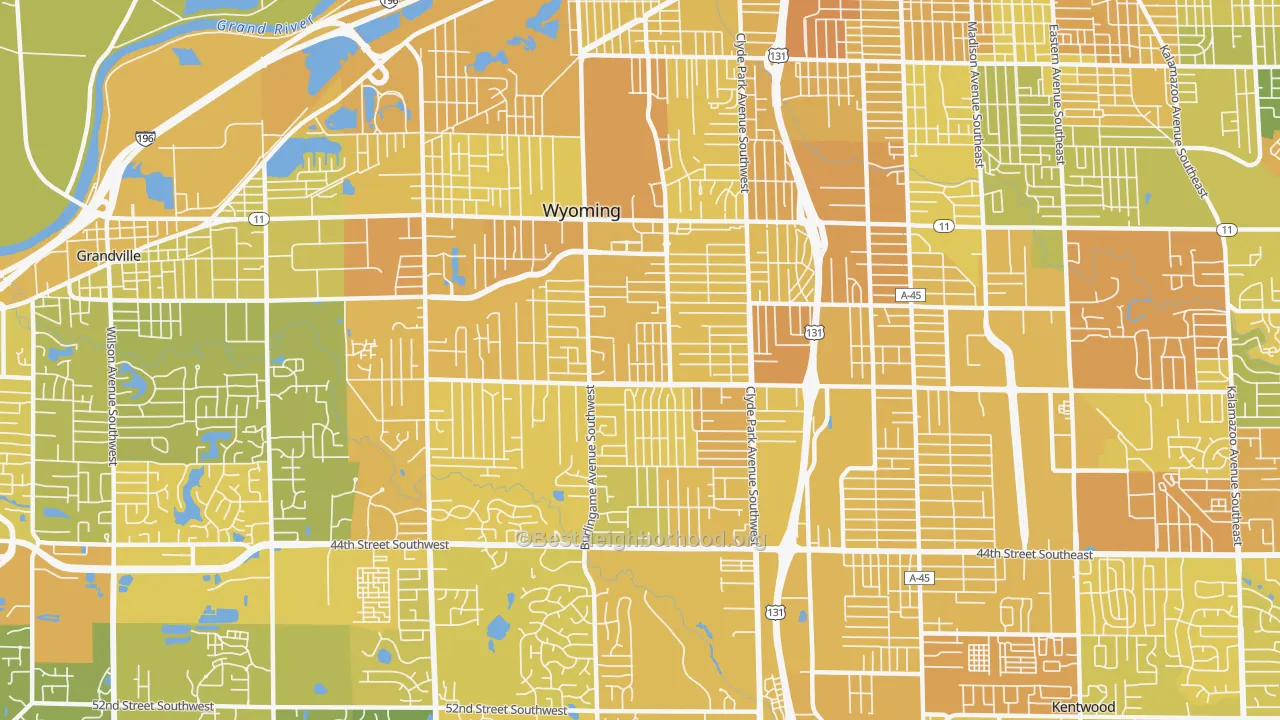 Map of the best neighborhoods in the Wyoming area, with better matches in green and worse matches in red