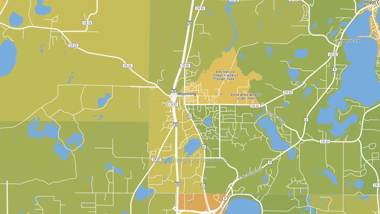 Map of the best neighborhoods in the Wyoming area, with better matches in green and worse matches in red