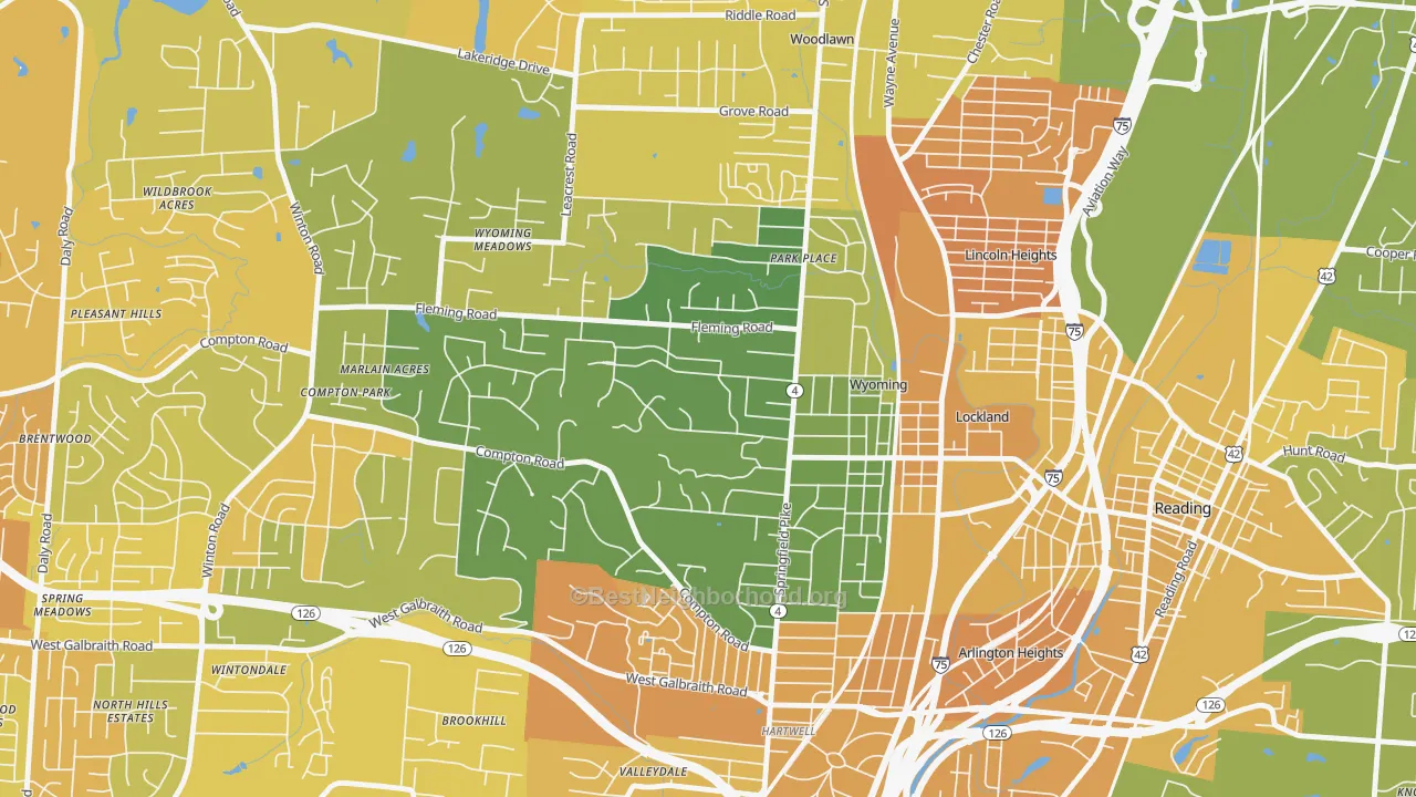 Map of the best neighborhoods in the Wyoming area, with better matches in green and worse matches in red