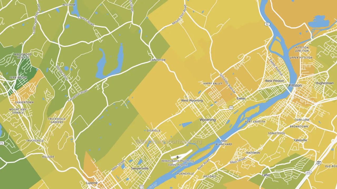 Map of the best neighborhoods in the Wyoming area, with better matches in green and worse matches in red