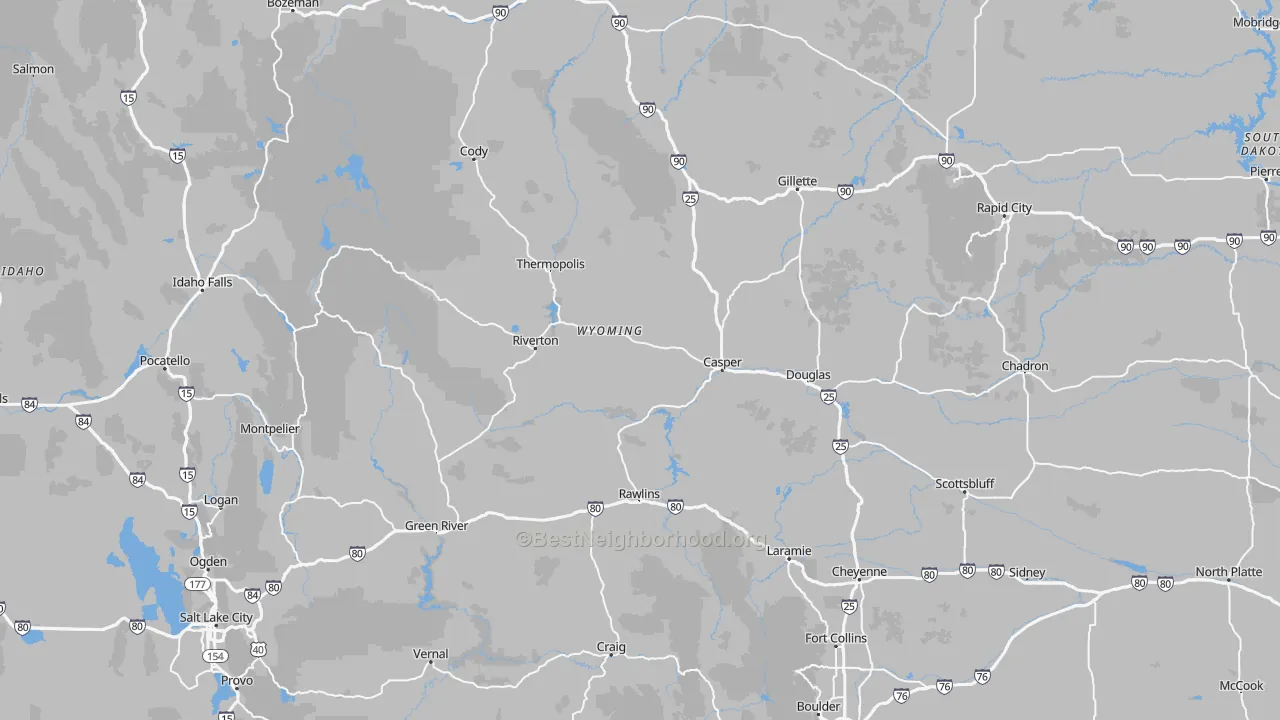 Map of the best neighborhoods in the Wyoming area, with better matches in green and worse matches in red