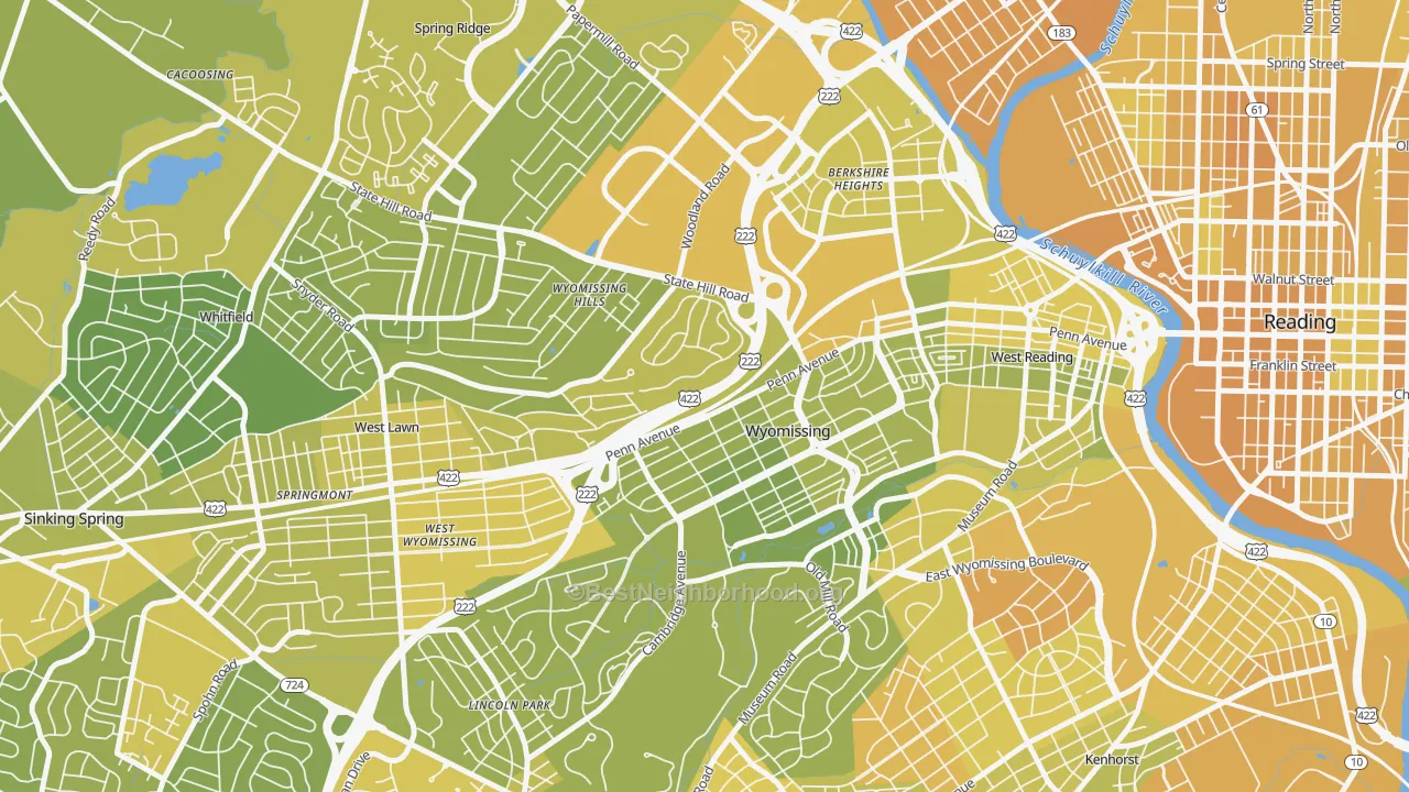 Map of the best neighborhoods in the Wyomissing area, with better matches in green and worse matches in red