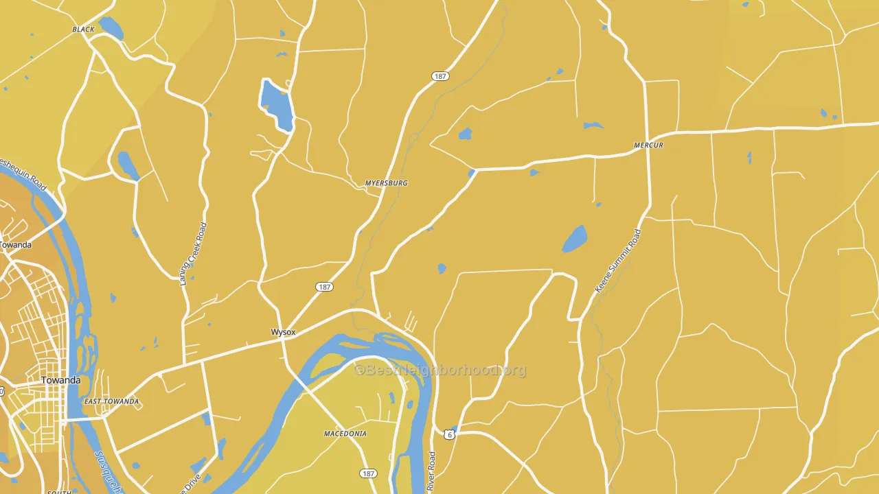 Map of the best neighborhoods in the Wysox area, with better matches in green and worse matches in red