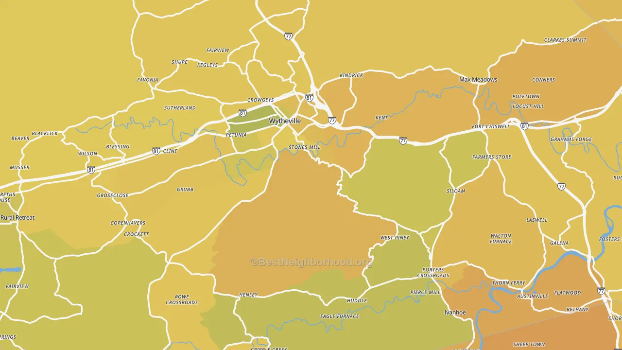 Map of the best neighborhoods in the Wythe County area, with better matches in green and worse matches in red