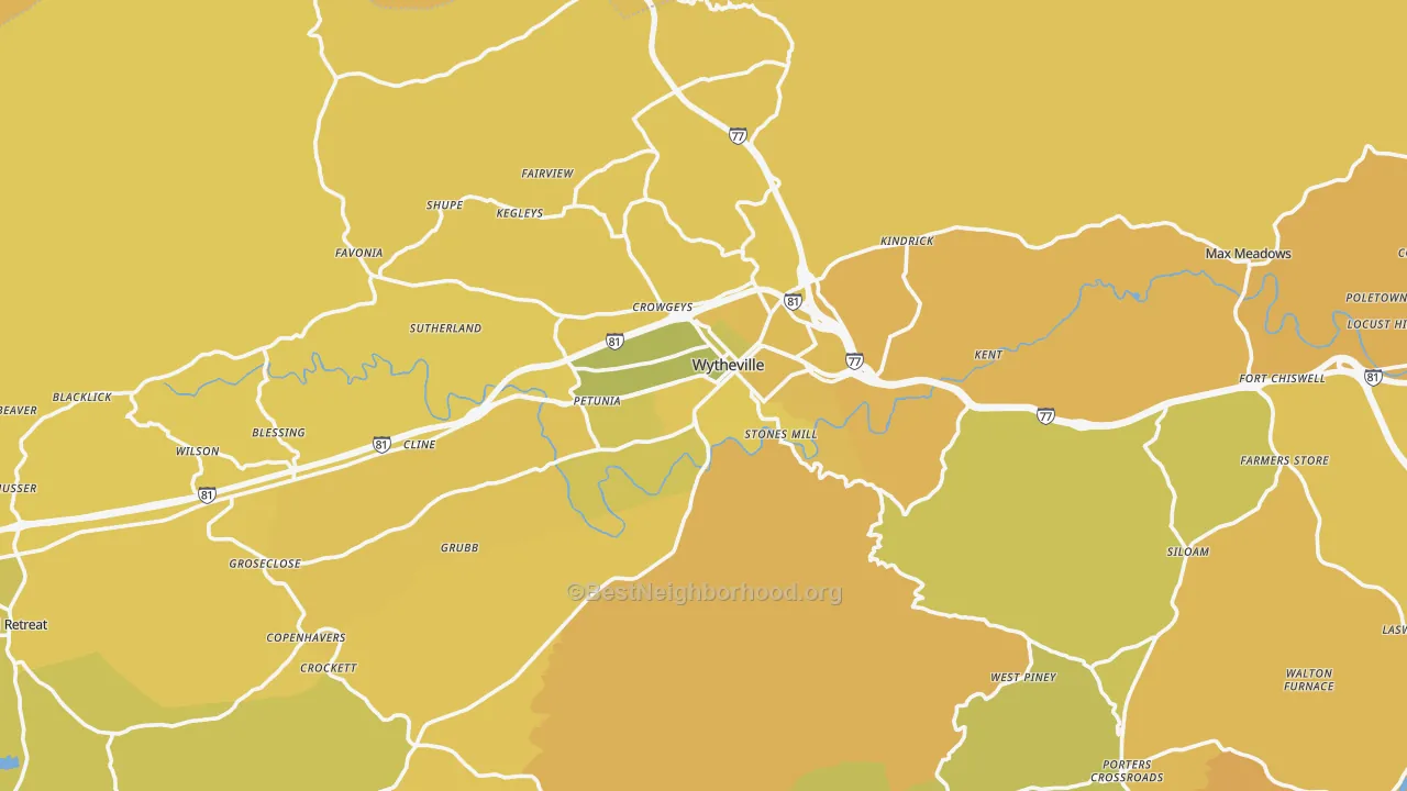 Map of the best neighborhoods in the Wytheville area, with better matches in green and worse matches in red