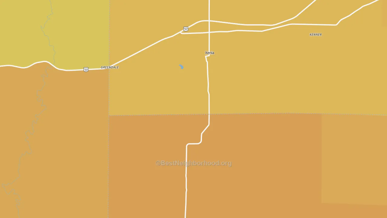 Map of the best neighborhoods in the Xenia area, with better matches in green and worse matches in red