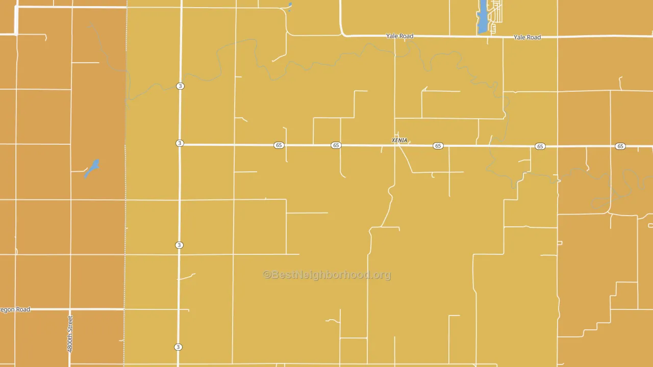 Map of the best neighborhoods in the Xenia area, with better matches in green and worse matches in red