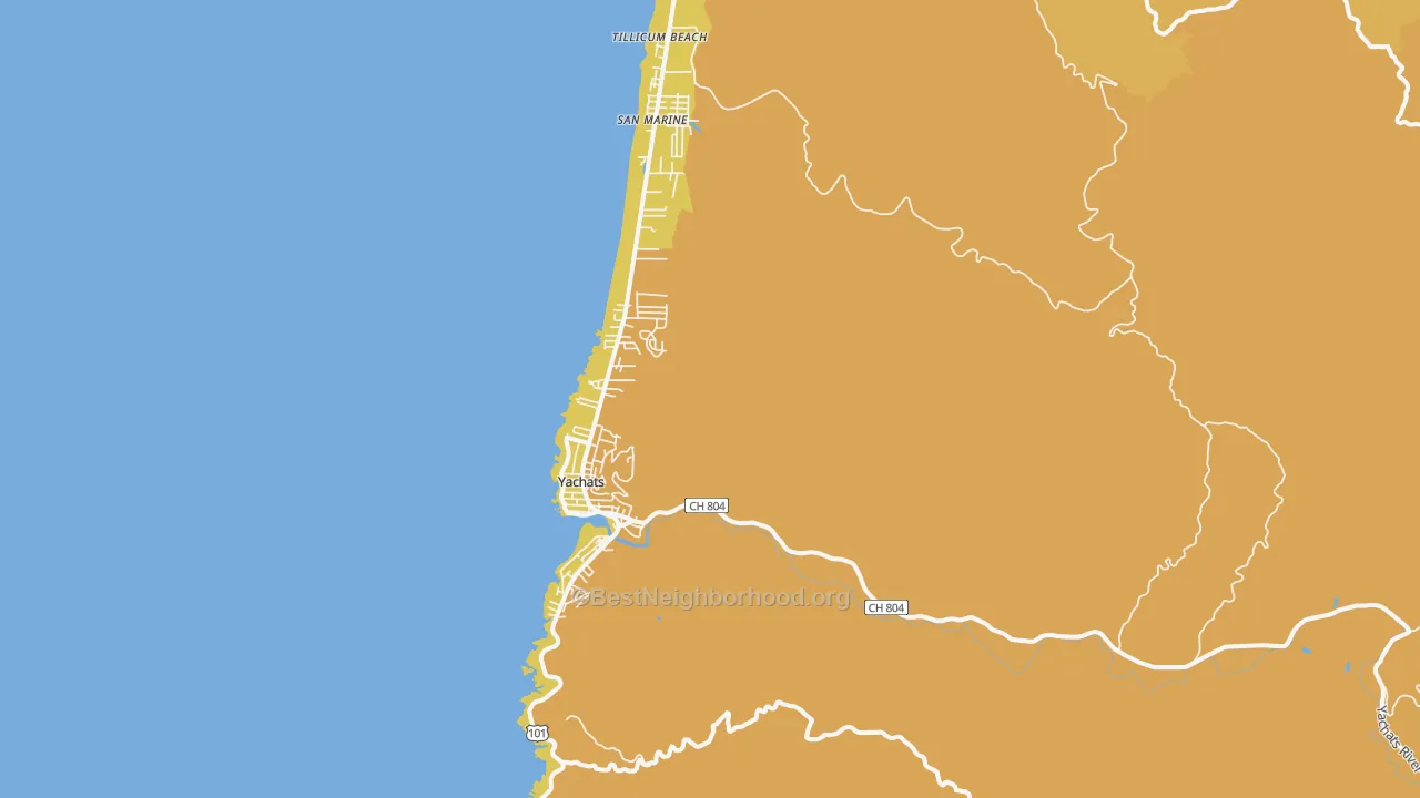 Map of the best neighborhoods in the Yachats area, with better matches in green and worse matches in red