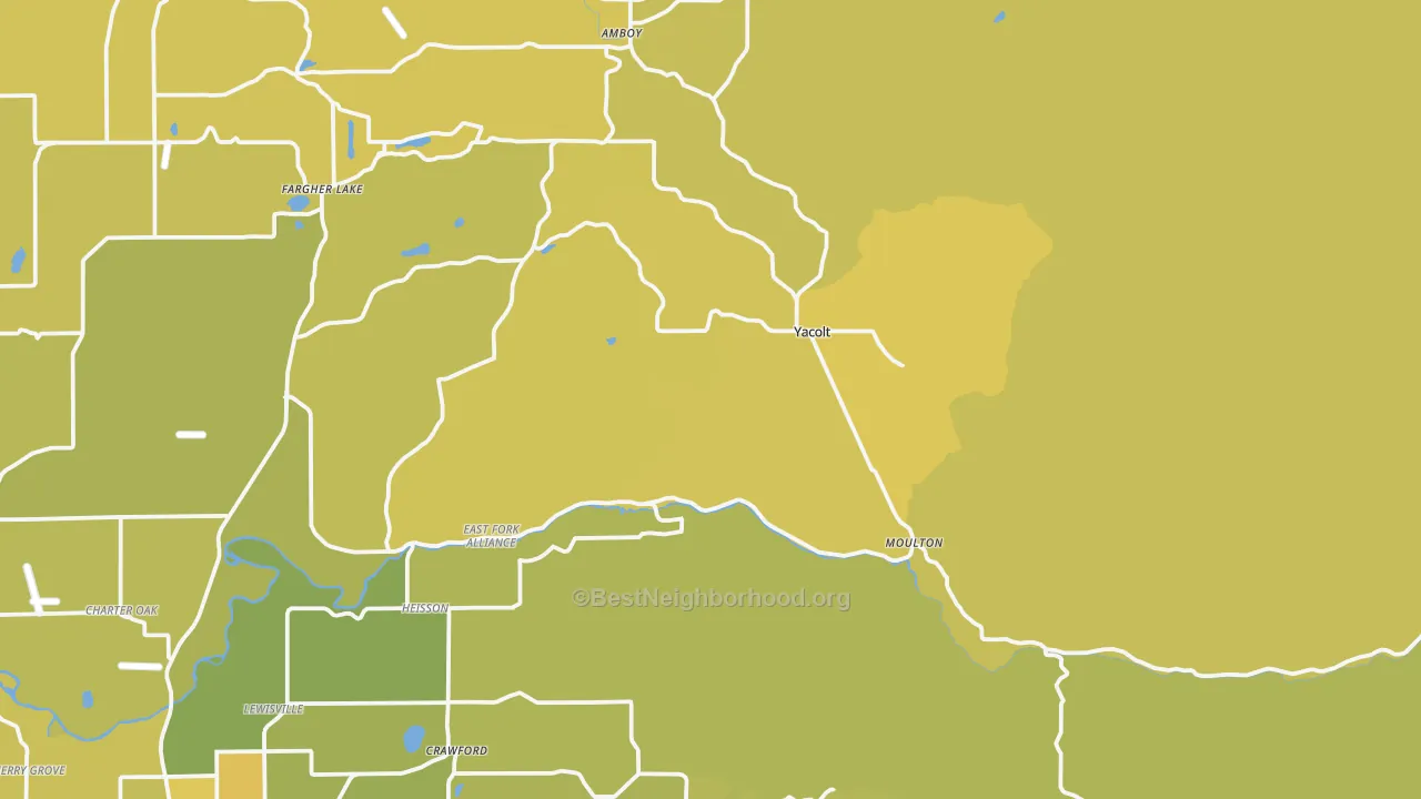 Map of the best neighborhoods in the Yacolt area, with better matches in green and worse matches in red