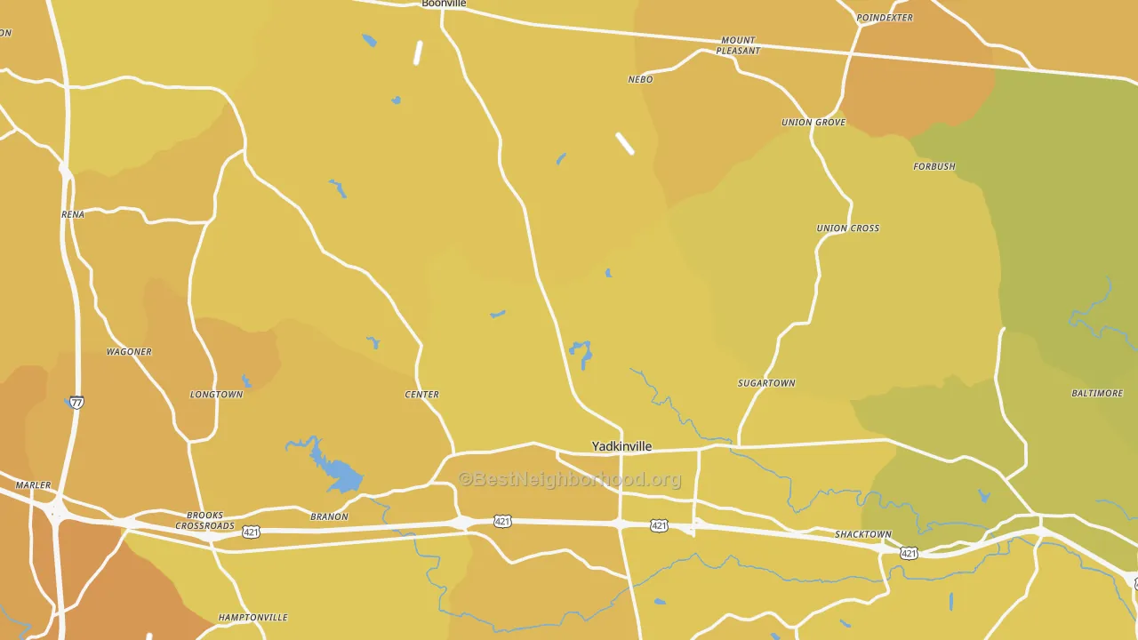 Map of the best neighborhoods in the Yadkin County area, with better matches in green and worse matches in red