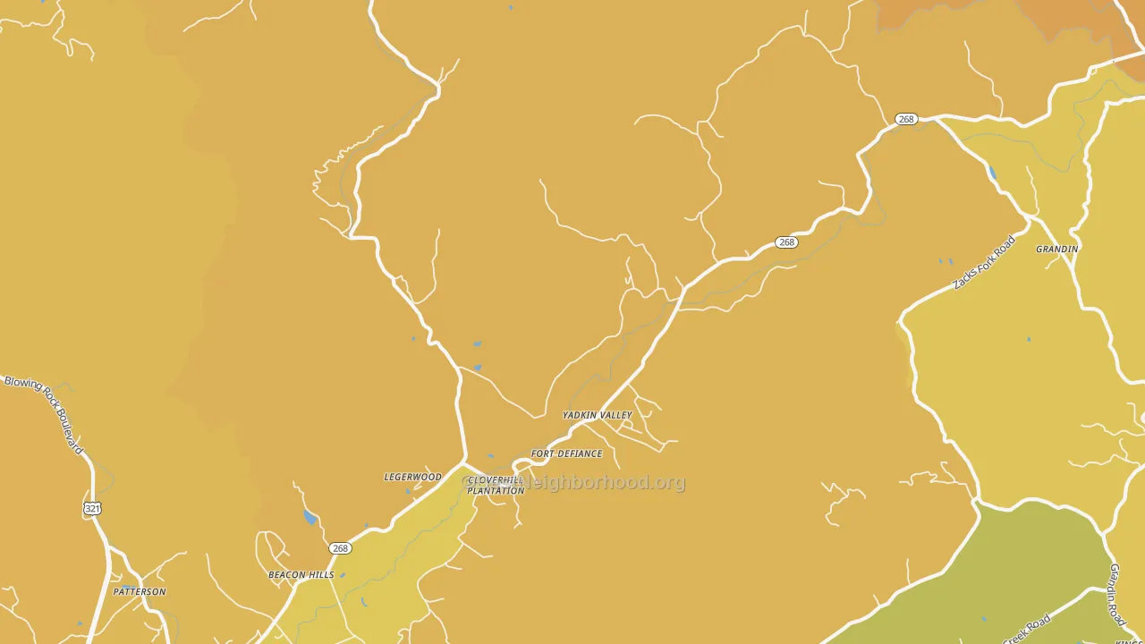 Map of the best neighborhoods in the Yadkin Valley area, with better matches in green and worse matches in red