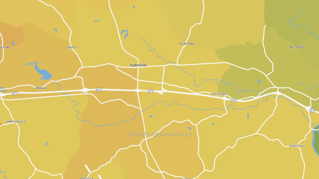 Map of the best neighborhoods in the Yadkinville area, with better matches in green and worse matches in red