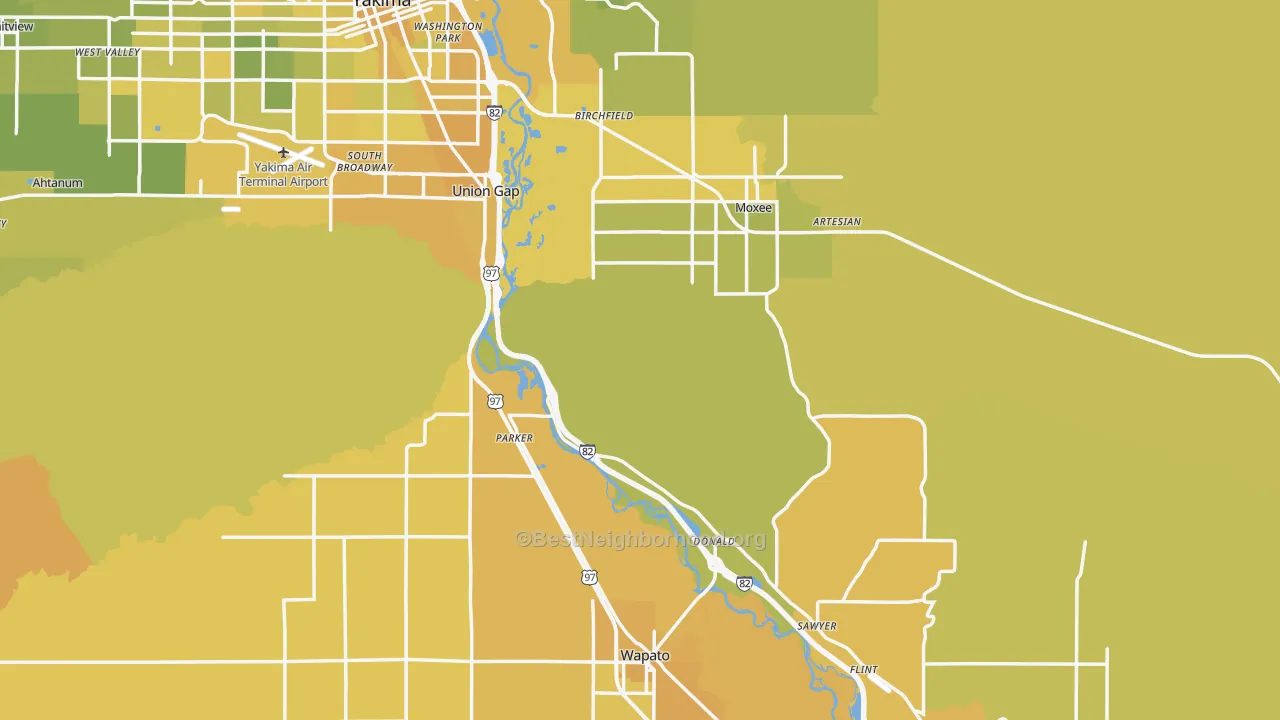 Map of the best neighborhoods in the Yakima County area, with better matches in green and worse matches in red