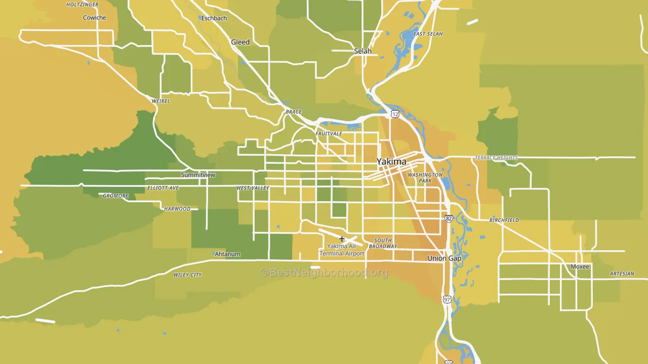 Map of the best neighborhoods in the Yakima Metro area, with better matches in green and worse matches in red
