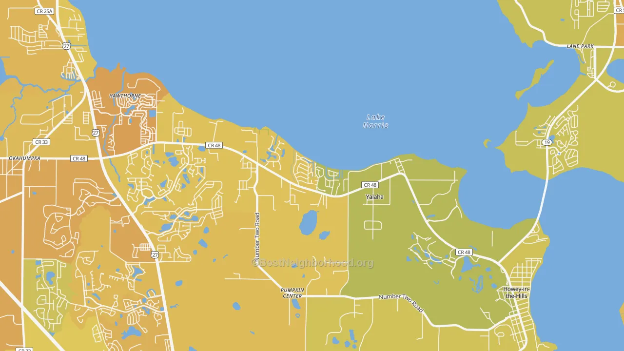 Map of the best neighborhoods in the Yalaha area, with better matches in green and worse matches in red