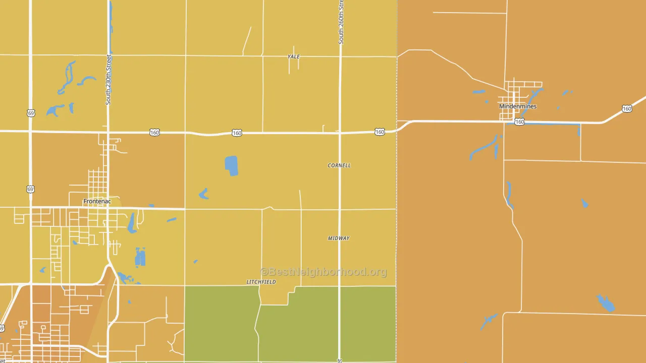Map of the best neighborhoods in the Yale area, with better matches in green and worse matches in red