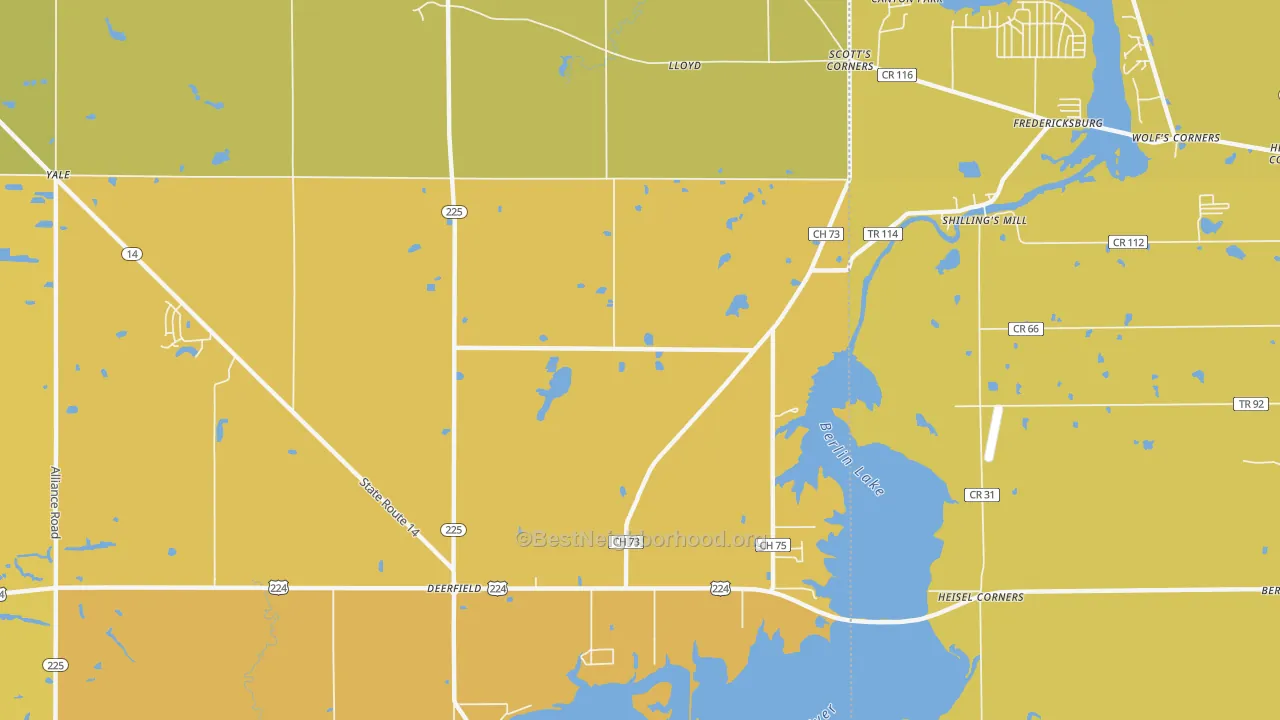 Map of the best neighborhoods in the Yale area, with better matches in green and worse matches in red