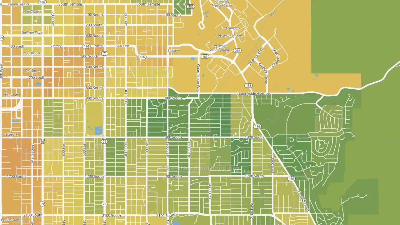 Map of the best neighborhoods in the Yalecrest, Salt Lake City area, with better matches in green and worse matches in red
