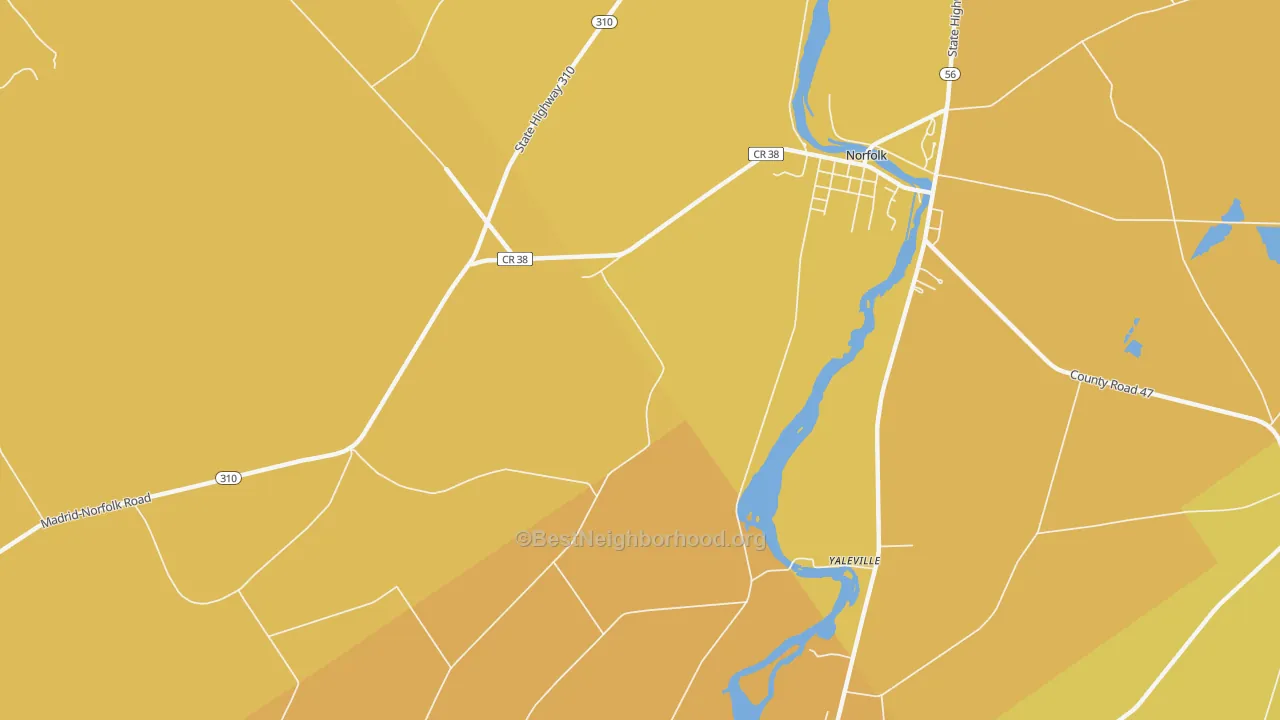 Map of the best neighborhoods in the Yaleville area, with better matches in green and worse matches in red