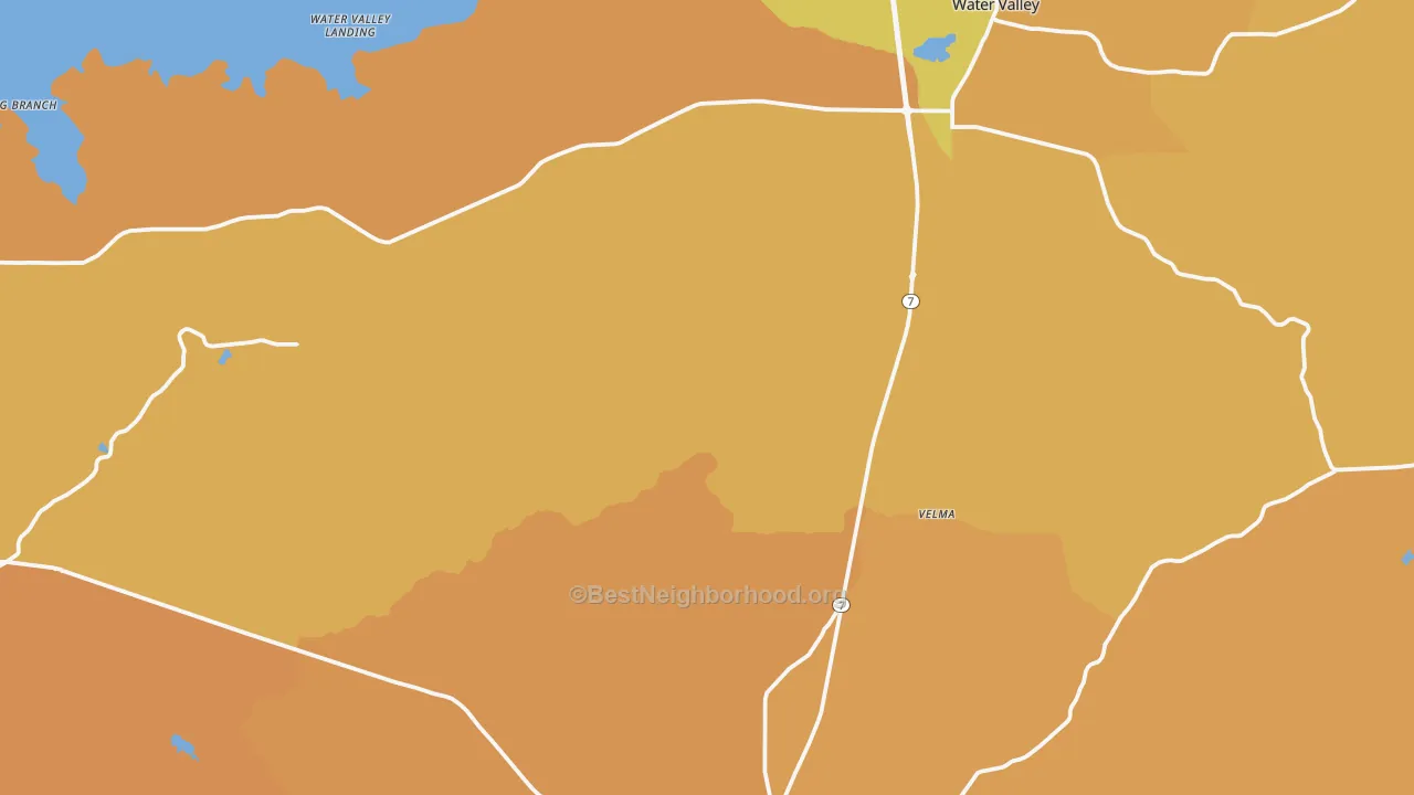 Map of the best neighborhoods in the Yalobusha County area, with better matches in green and worse matches in red