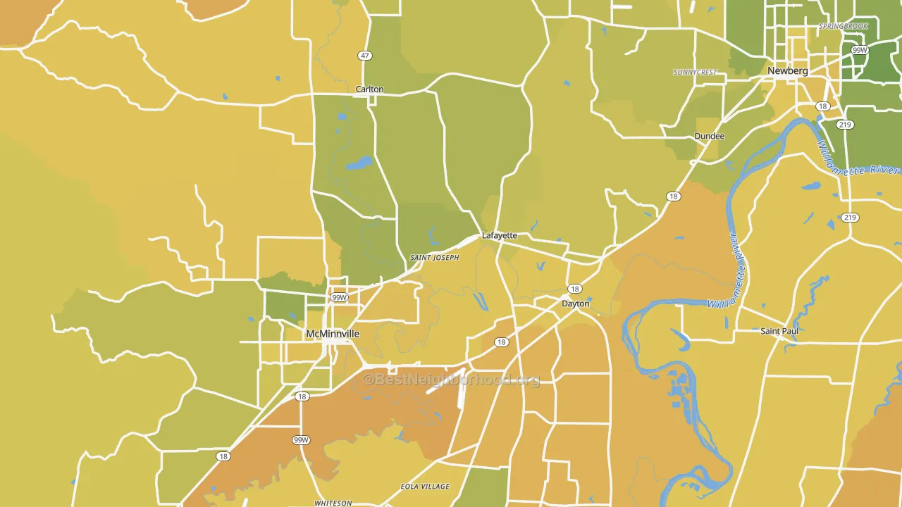 Map of the best neighborhoods in the Yamhill County area, with better matches in green and worse matches in red