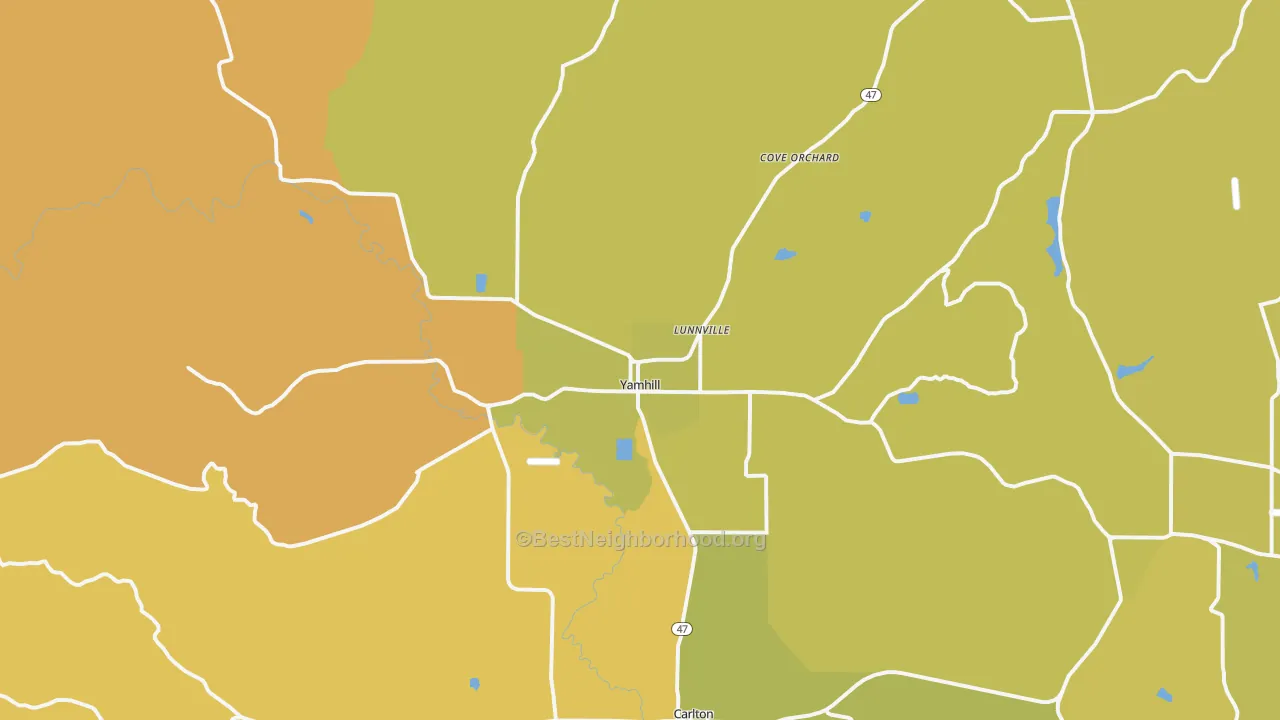 Map of the best neighborhoods in the Yamhill area, with better matches in green and worse matches in red