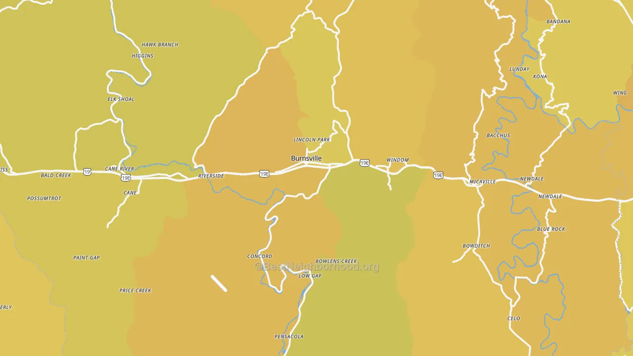 Map of the best neighborhoods in the Yancey County area, with better matches in green and worse matches in red