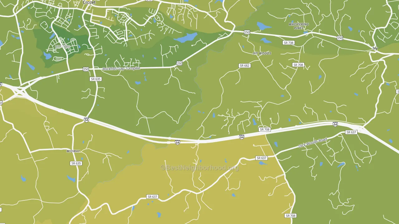Map of the best neighborhoods in the Yancey Mills area, with better matches in green and worse matches in red