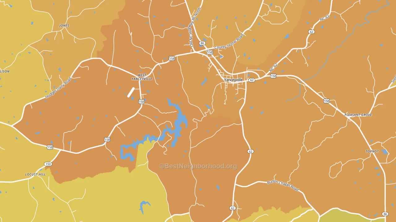 Map of the best neighborhoods in the Yanceyville area, with better matches in green and worse matches in red