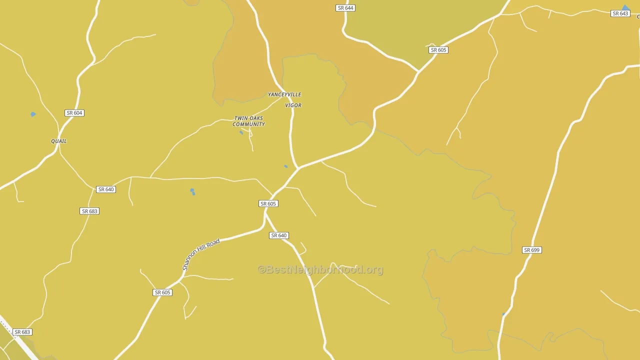 Map of the best neighborhoods in the Yanceyville area, with better matches in green and worse matches in red