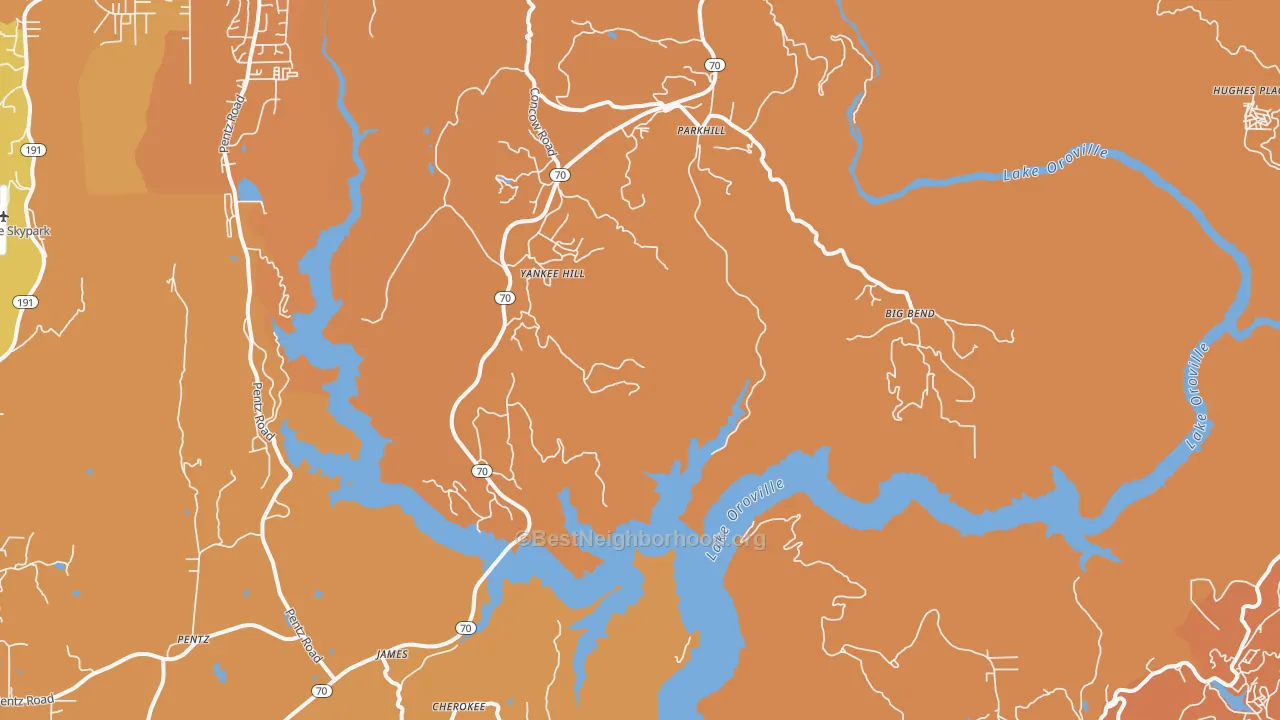 Map of the best neighborhoods in the Yankee Hill area, with better matches in green and worse matches in red