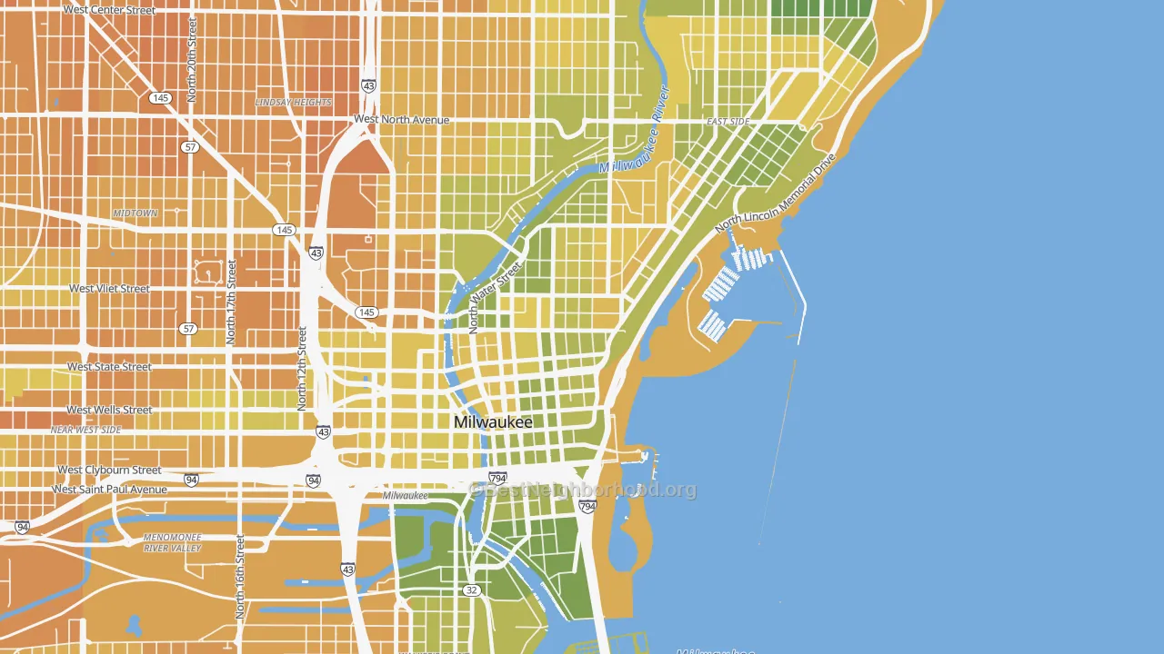 Map of the best neighborhoods in the Yankee Hill, Milwaukee area, with better matches in green and worse matches in red