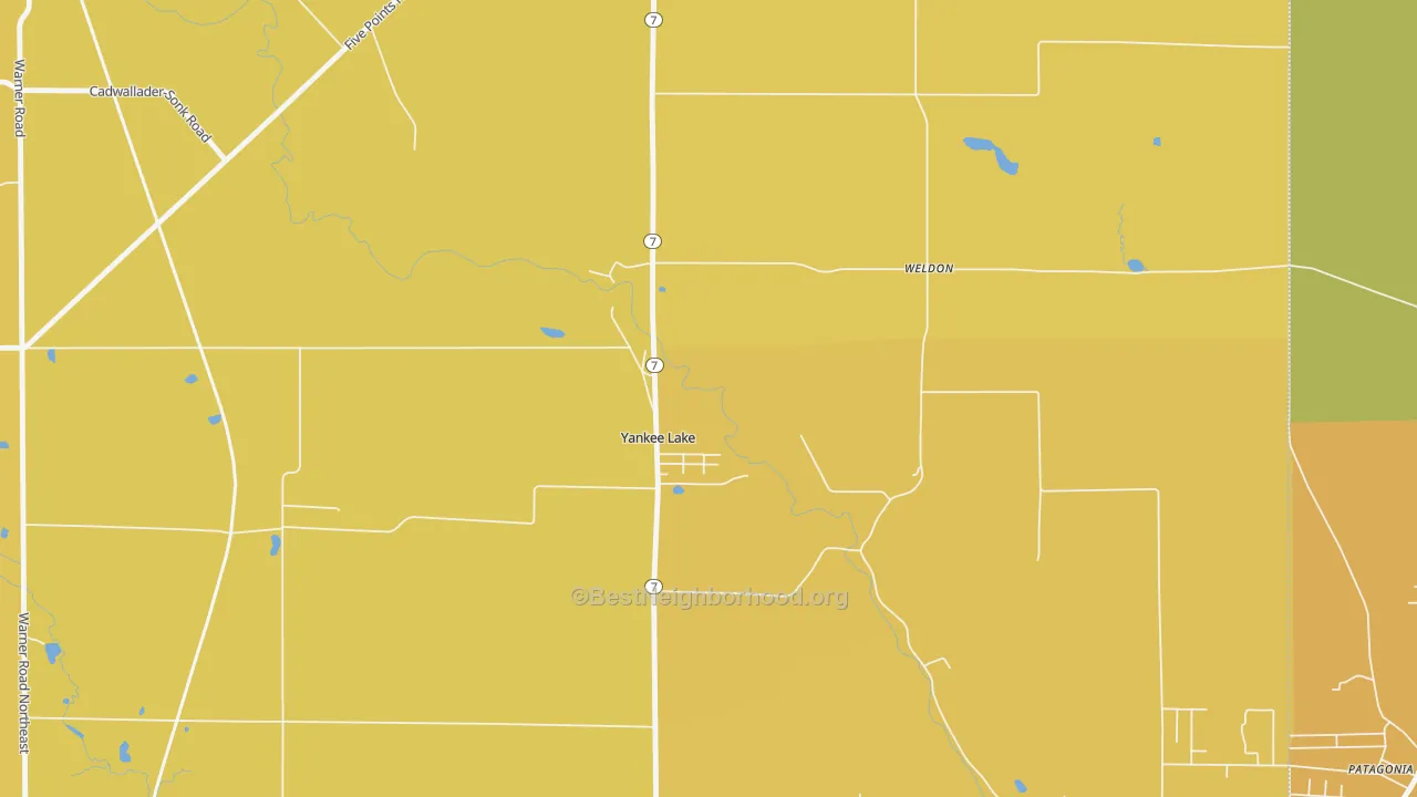 Map of the best neighborhoods in the Yankee Lake area, with better matches in green and worse matches in red