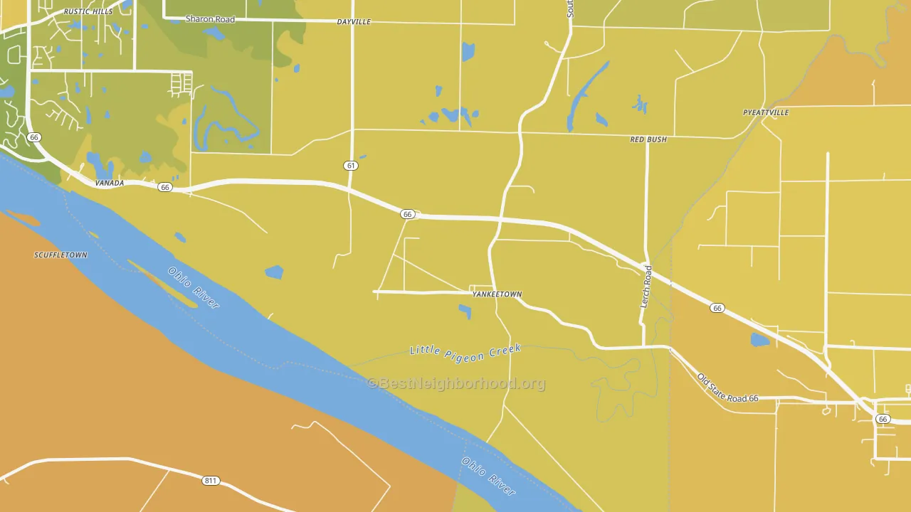 Map of the best neighborhoods in the Yankeetown area, with better matches in green and worse matches in red