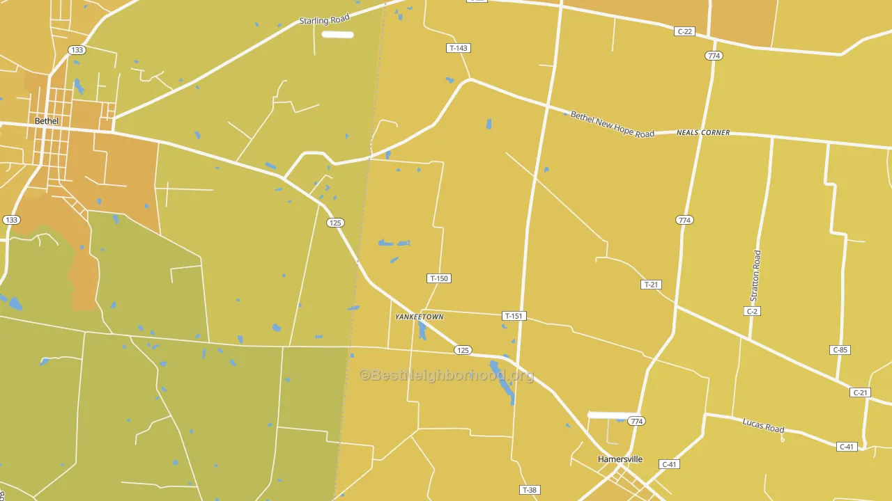 Map of the best neighborhoods in the Yankeetown area, with better matches in green and worse matches in red