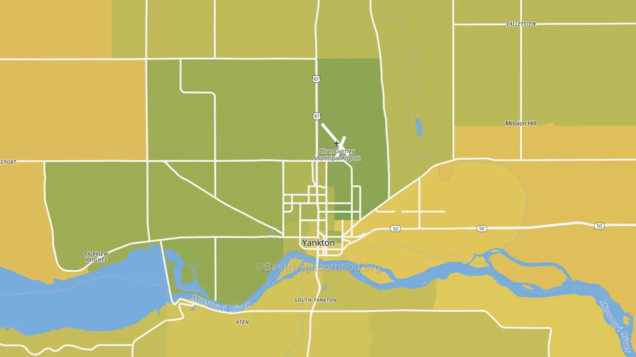 Map of the best neighborhoods in the Yankton County area, with better matches in green and worse matches in red