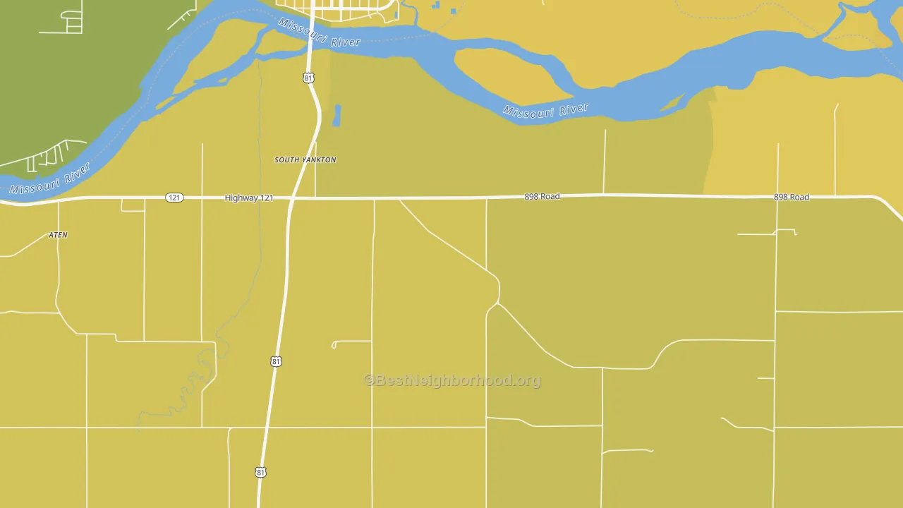Map of the best neighborhoods in the Yankton area, with better matches in green and worse matches in red