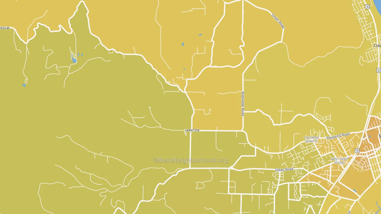 Map of the best neighborhoods in the Yankton area, with better matches in green and worse matches in red