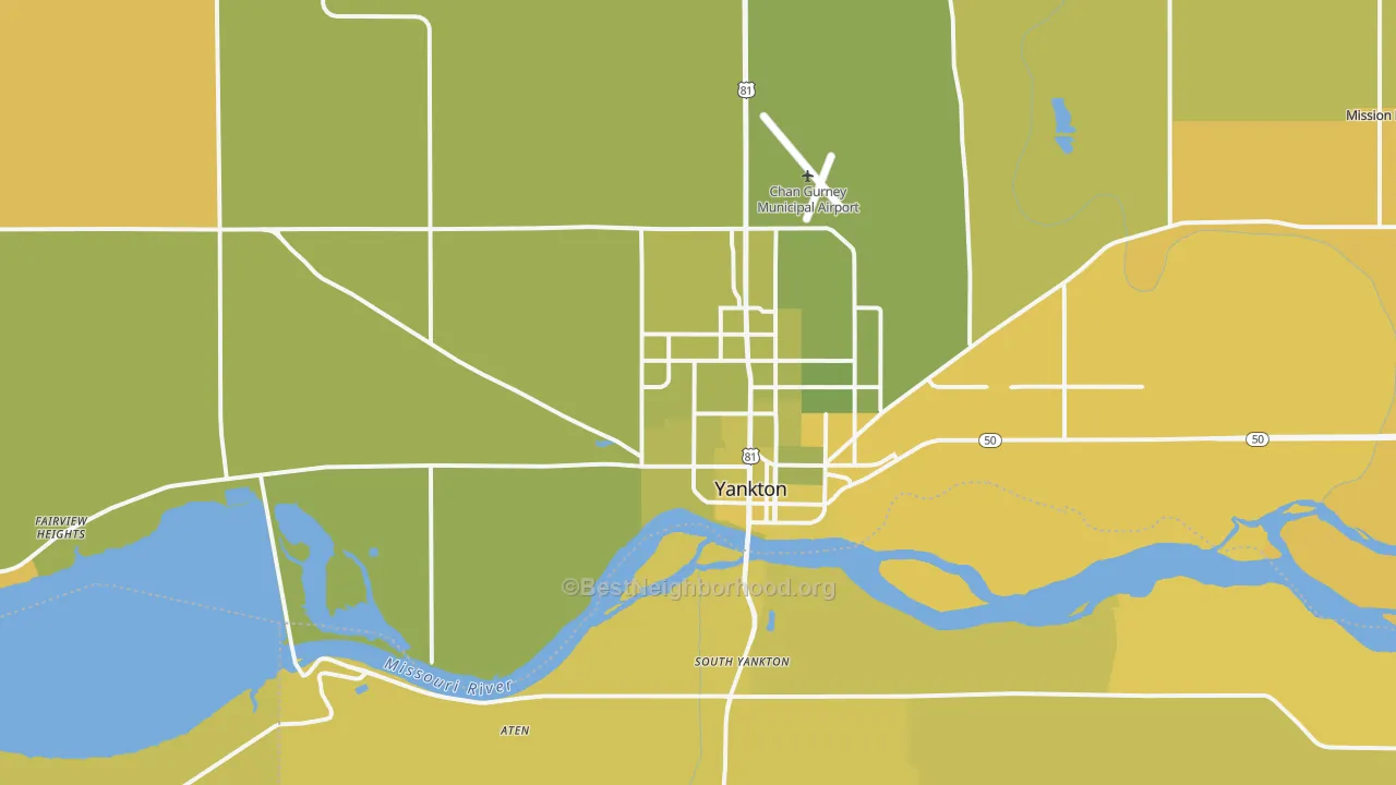 Map of the best neighborhoods in the Yankton area, with better matches in green and worse matches in red
