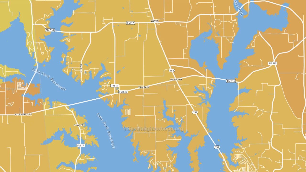 Map of the best neighborhoods in the Yantis area, with better matches in green and worse matches in red