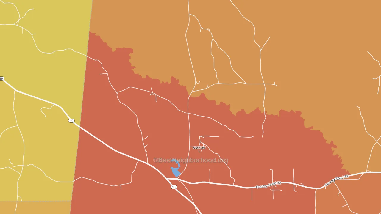 Map of the best neighborhoods in the Yantley area, with better matches in green and worse matches in red