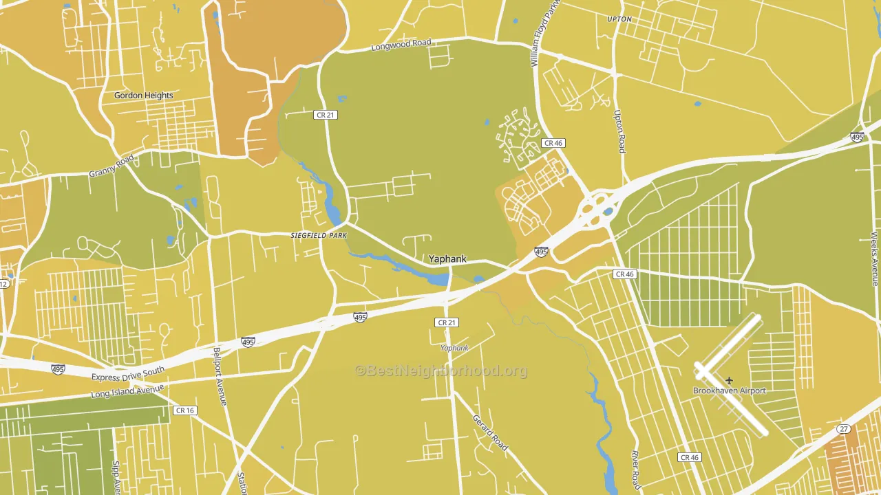 Map of the best neighborhoods in the Yaphank area, with better matches in green and worse matches in red