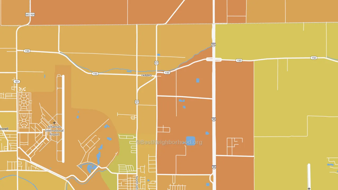 Map of the best neighborhoods in the Yarbro area, with better matches in green and worse matches in red
